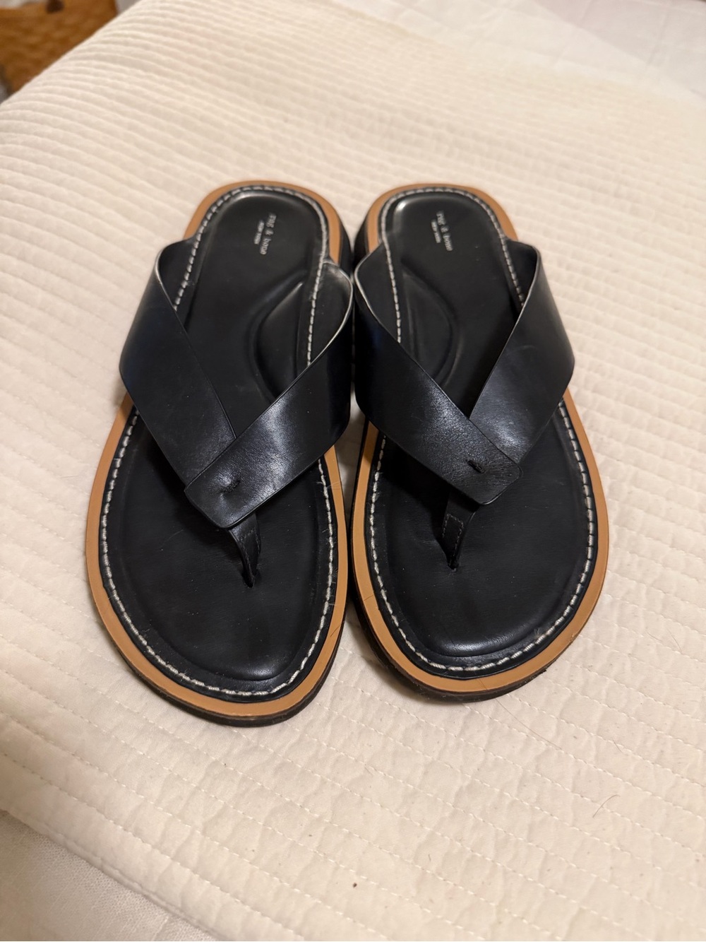 rag & bone Black Leather Cross-Over Thong Sandals with Tan Trim